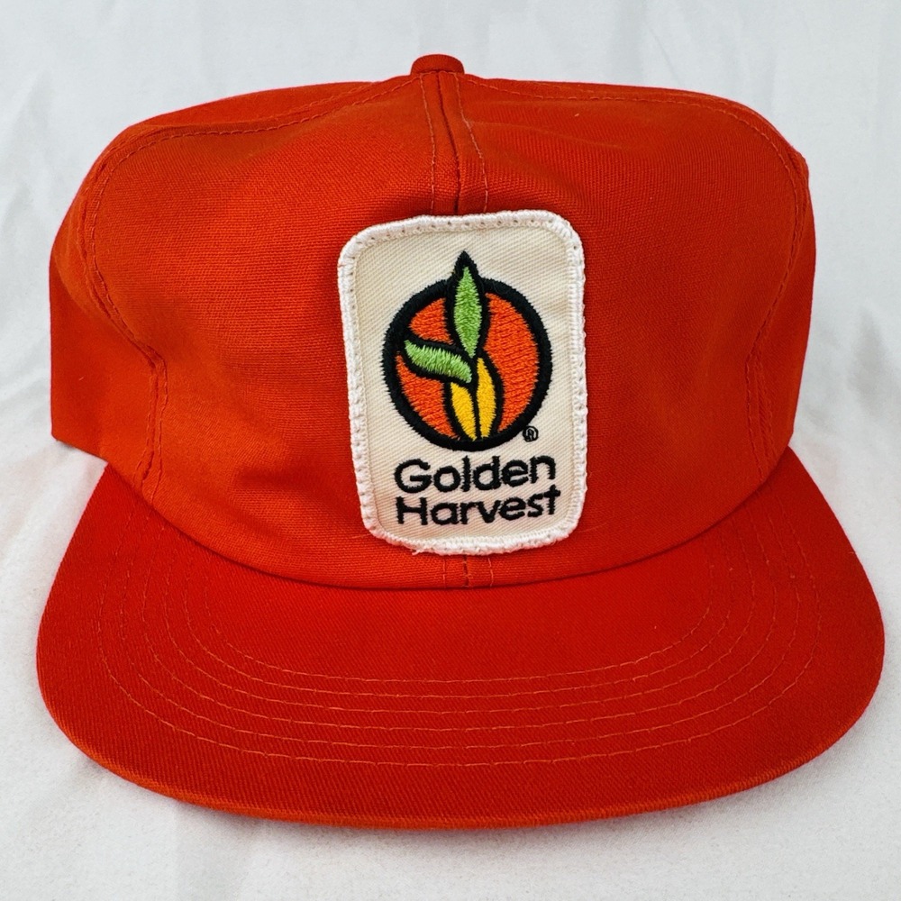 Vintage 80s Golden Harvest Trucker Hat K-Products USA Made Orange Farm Seed
